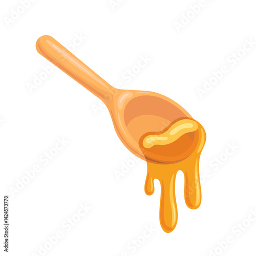A vector illustration of a wooden spoon angled gracefully, with luscious honey dripping from its tip. warm hues and natural textures create an inviting, organic atmosphere, ideal for culinary themes.