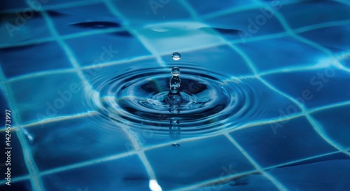 Water droplet impact on blue tiled surface with ripples