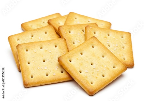 Square salted crackers with golden hue and pinholes arranged casually on white background