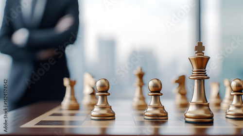 Chess game strategy in modern office setting with blurred male adult figure