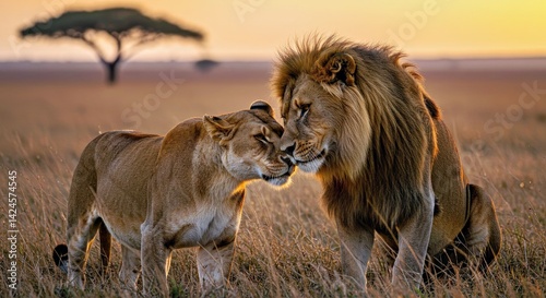 Wallpaper Mural Affectionate Lion Couple Nuzzling Gently at Golden Savannah Sunset Wildlife Romance Love Big Cats Torontodigital.ca