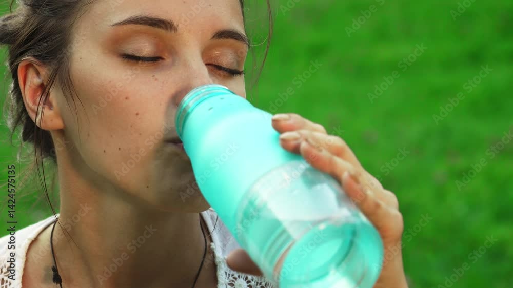 A radiant young girl pauses during her yoga practice to sip refreshing water from a sleek sports bottle, her smile reflecting pure joy. Surrounded by lush green grass, she embodies tranquility and