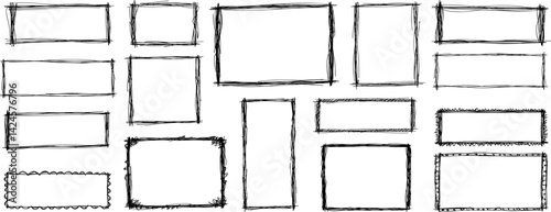 Set of doodle handdrawn highlight rectangles. Collection of marker, pencil or pen sketch elements of squares and marks isolated on transparent background
