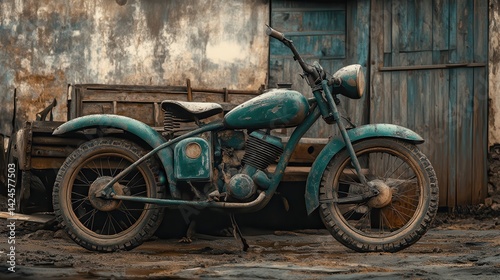 Rustic vintage motorcycle against weathered wooden shed in rural setting