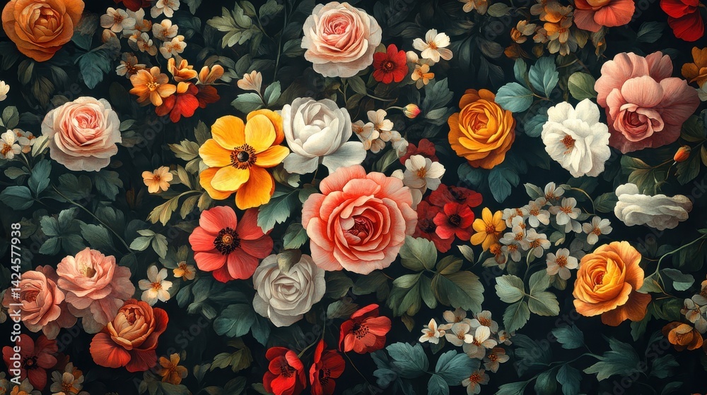 Fototapeta premium Vibrant floral pattern with colorful roses and blossoms on dark backdrop