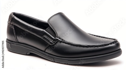 Classic black leather slip-on loafer showcasing sleek design with comfortable urban professional aesthetic and refined stitching details