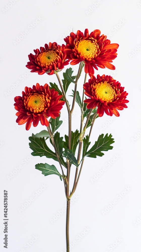 Vibrant red chrysanthemums stand tall against a clean white backdrop, showcasing their intricate petals and lush green leaves, perfect for floral arrangements and decorations. Vibrant red chrysanthemums stand tall against a clean white backdrop, showcasing their intricate petals and lush green leaves, perfect for floral arrangements and decorations.