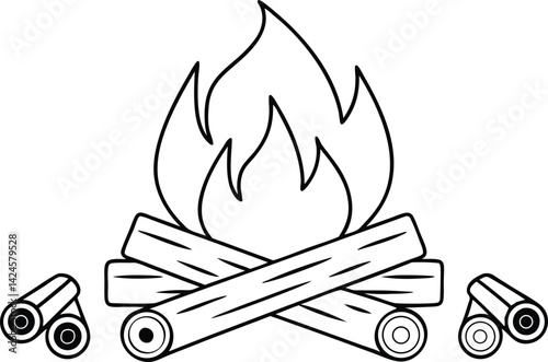 Bonfire Outline, Burning Flame, Round Logs, Firewood, Campfire Art