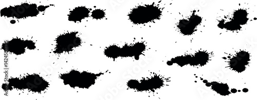 Set of grunge ink splatter. Splash of paints, spray drops, wet paint drop collection. Kit with design elements  splash and drip , silhouette blob spray.