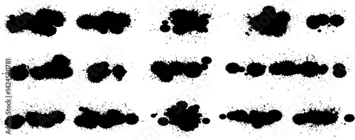 Set of grunge ink splatter. Splash of paints, spray drops, wet paint drop collection. Kit with design elements  splash and drip , silhouette blob spray.