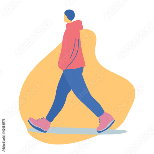 Person walking confidently in bright colors over a soft background  