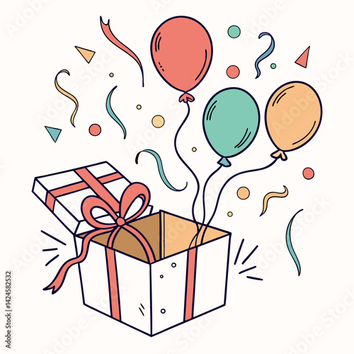 Gift box with balloons and confetti, a celebration of joy and surprise