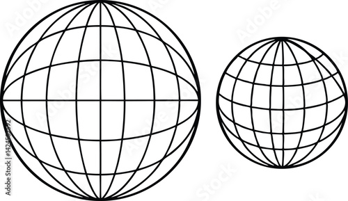 Two Black and White Globe Icons with Grid Lines on Transparent Background