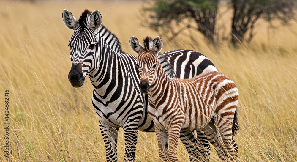 Fototapeta premium Zebra Mother and Foal in African Savannah Tall Yellow Grass Dry Scrub Wildlife Family Cute Animal