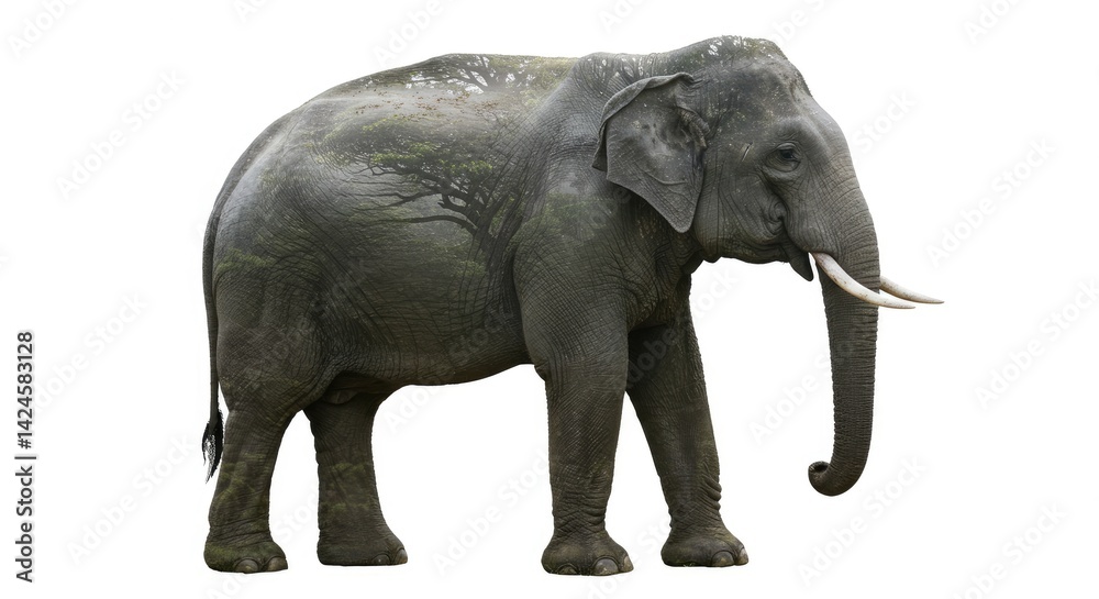 Obraz premium Elephant Outline Double Exposure Misty Forest Artistic Composition Wildlife Nature Conservation Blend