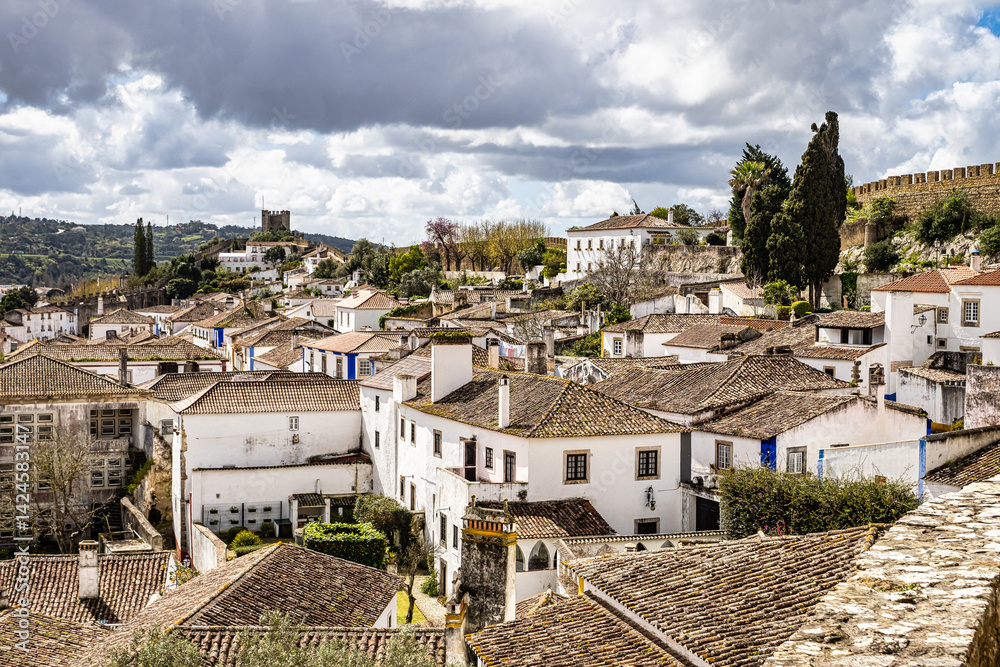 View of Obidos with renaissance Church of Saint Mary, Santa Maria at Obidos, Portugal