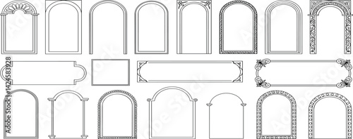 Set of oriental style arabic gold borders and frames. Collection of linear style Islamic windows, doors in boho style. Arabic minimal shape arch. 