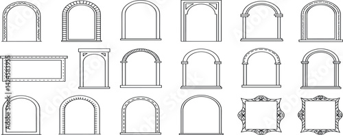 Set of oriental style arabic gold borders and frames. Collection of linear style Islamic windows, doors in boho style. Arabic minimal shape arch. 