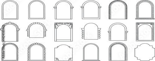 Set of oriental style arabic gold borders and frames. Collection of linear style Islamic windows, doors in boho style. Arabic minimal shape arch. 