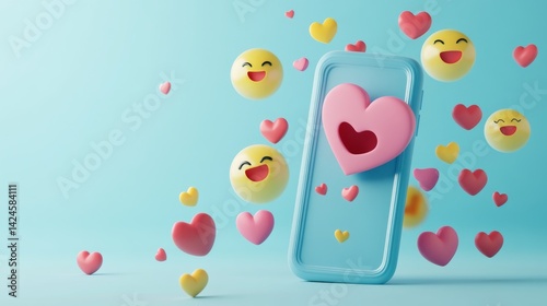 3D Social media platform, online social communication applications concept, emoji, hearts, chat on light blue background. 3d Vector illustration