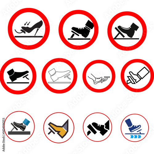 Set of Stop do not gas pedal or brake pedal. Break with foot icon. Cartoon foot push clutch