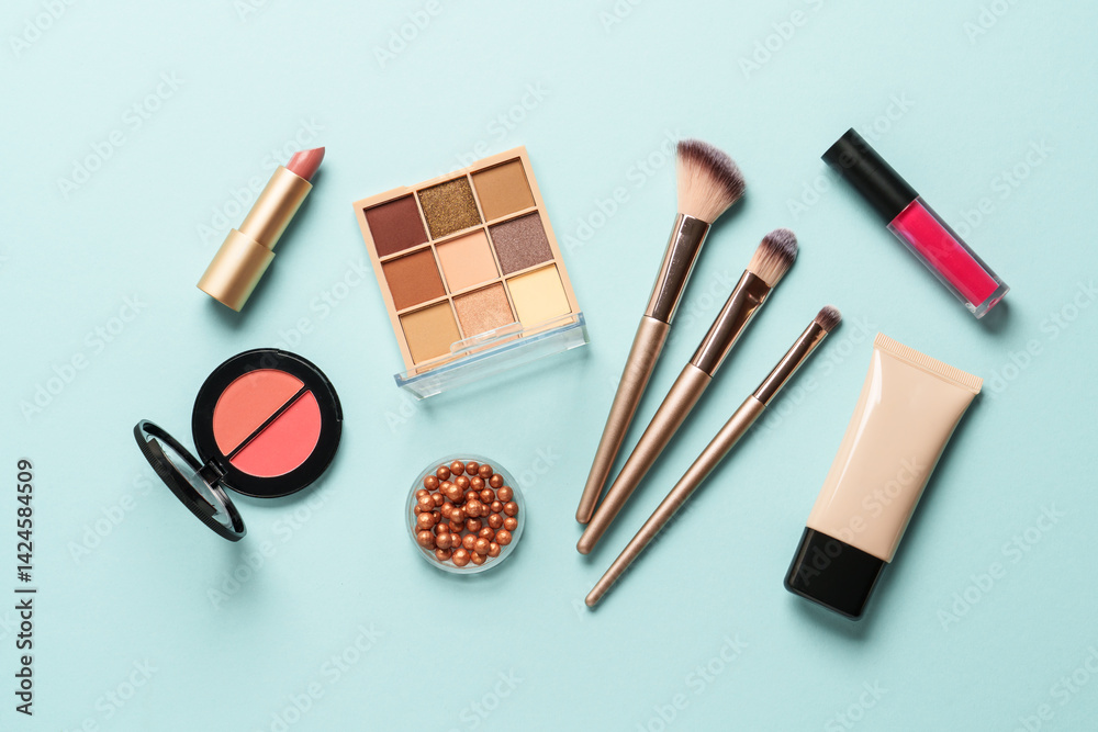 Beauty products on blue background.