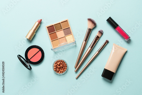Beauty products on blue background.