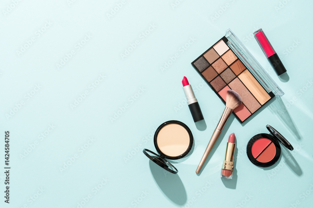 Beauty products on blue background.
