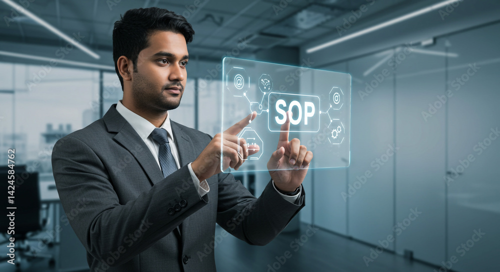 Businessman interacts with SOP digital interface modern office background sleek design Businessman interacts with SOP digital interface modern office background sleek design