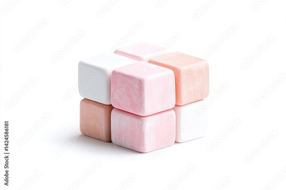 Colorful, pastel-toned, square blocks. Arranged in a cube formation against a white background. Each block has a marbled or mottled effect Colorful, pastel-toned, square blocks. Arranged in a cube formation against a white background. Each block has a marbled or mottled effect