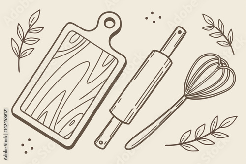 27 Wooden kitchen utensils, minimalist design, natural beech wood, cooking tools, spatula, spoon, whisk, rolling pin, cutting board, matte finish, uniform color, simple shapes, culinary essentials, Sc