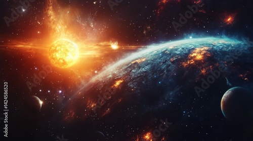 Fototapeta Naklejka Na Ścianę i Meble -  Stunning cosmic view of fiery sun and planetary system in deep space