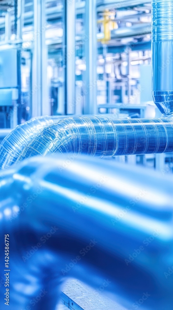 Industrial Piping System: A Close-Up View of Modern Blue Metal Pipes in a Factory Setting Industrial Piping System: A Close-Up View of Modern Blue Metal Pipes in a Factory Setting