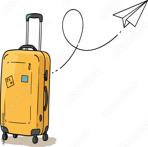 Single line drawing of Suitcase with Paper plane flying up and lettering in line art style. Continuous one line travel drawing of yellow case