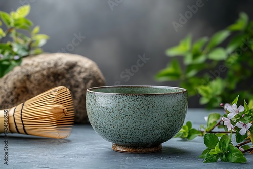 Japanese matcha tea ceremony set with a teal bowl and bamboo whisk