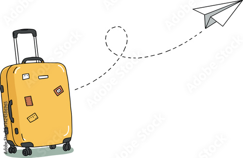 Single line drawing of Suitcase with Paper plane flying up and lettering in line art style. Continuous one line travel drawing of yellow case