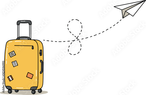 Single line drawing of Suitcase with Paper plane flying up and lettering in line art style. Continuous one line travel drawing of yellow case, luggage bag with wheels