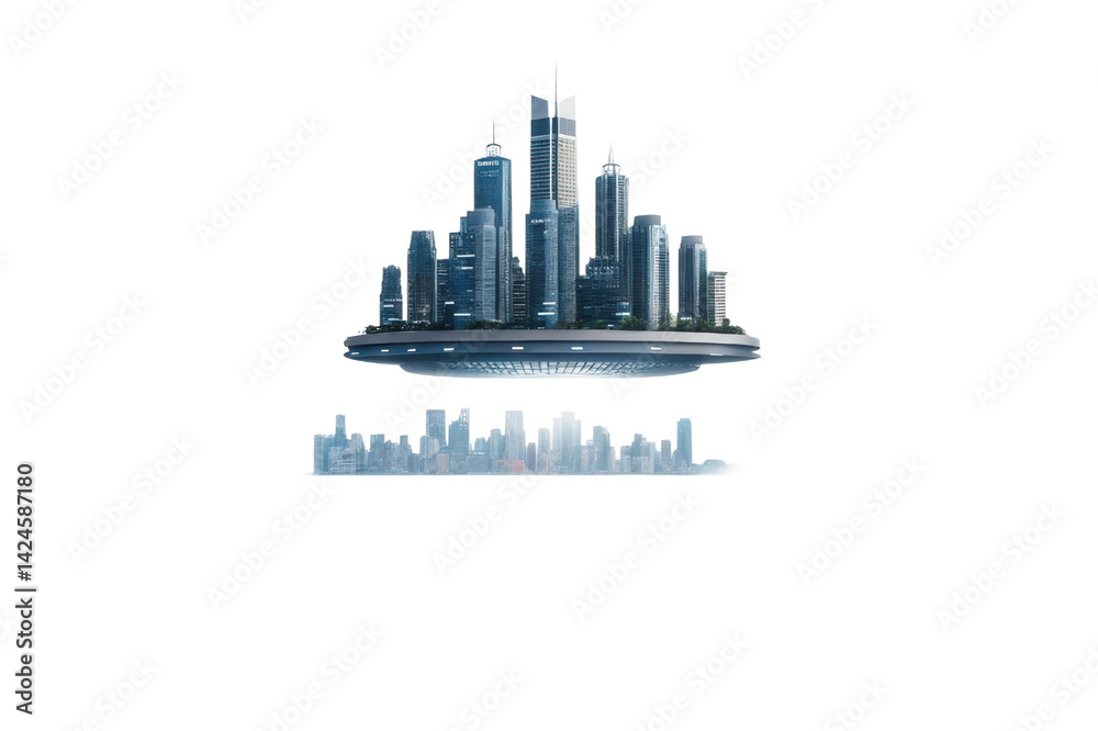 Fototapeta premium Futuristic city concept with hovering structure over urban skyline designed for posters and digital use