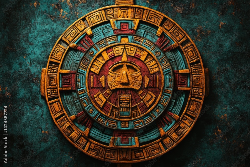 Intricate Mayan-style circular design featuring a central mask, vibrant colors, and symbolic glyphs. Intricate Mayan-style circular design featuring a central mask, vibrant colors, and symbolic glyphs.