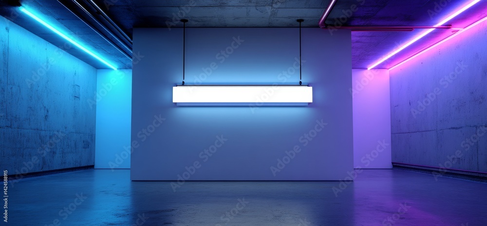 A futuristic studio setting with sci-fi elements features elegant cyber neon LED lights in blue and purple hues against a dark, empty, and grunge concrete room background in a 3D rendering A futuristic studio setting with sci-fi elements features elegant cyber neon LED lights in blue and purple hues against a dark, empty, and grunge concrete room background in a 3D rendering