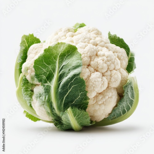 A fresh, vibrant cauliflower head stands proud, its creamy florets and lush green leaves beckoning, against a minimalist backdrop. 