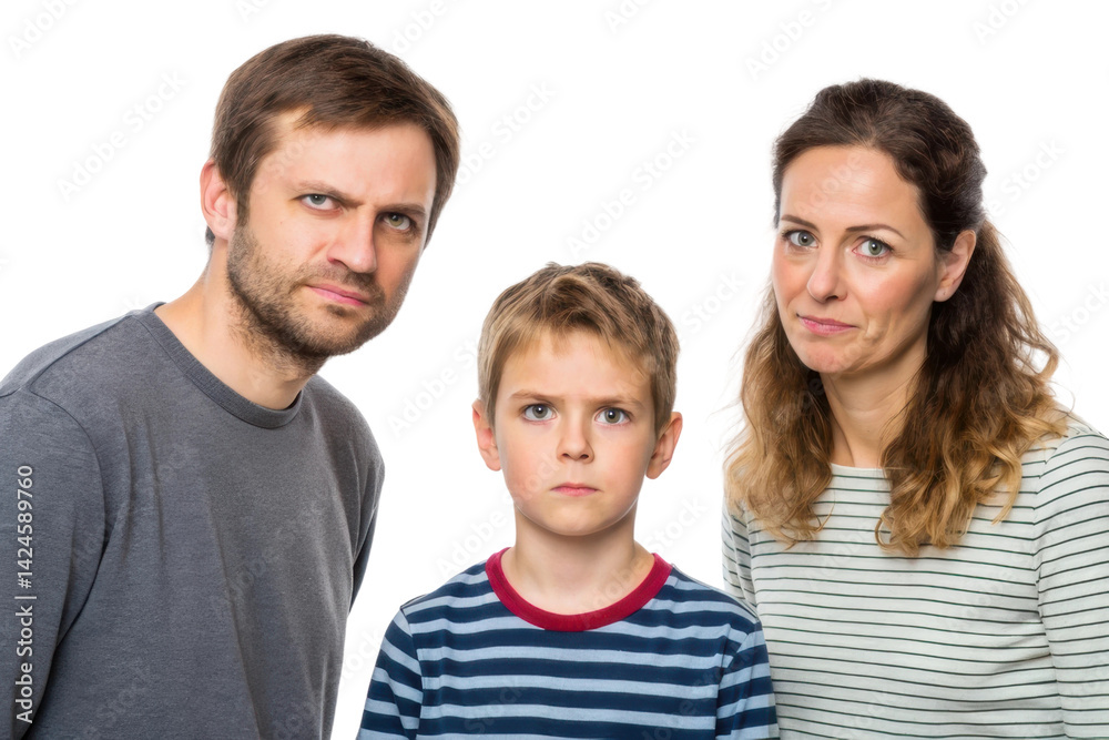 Family portrait expressing mixed emotions with parents and child in casual attire, focusing on connection and family dynamics Family portrait expressing mixed emotions with parents and child in casual attire, focusing on connection and family dynamics