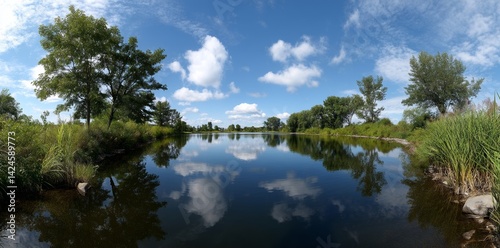 entire immersive spherical hdri 360 degrees scene overlooking vast river in forest with leafy deciduous trees during sunny summer in equirectangular mapping, prepared for virtual reality ar vr