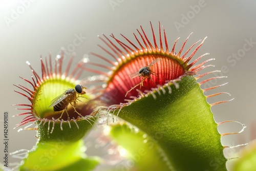 Two flies trapped in Venus flytraps, showcasing nature's carnivorous beauty.