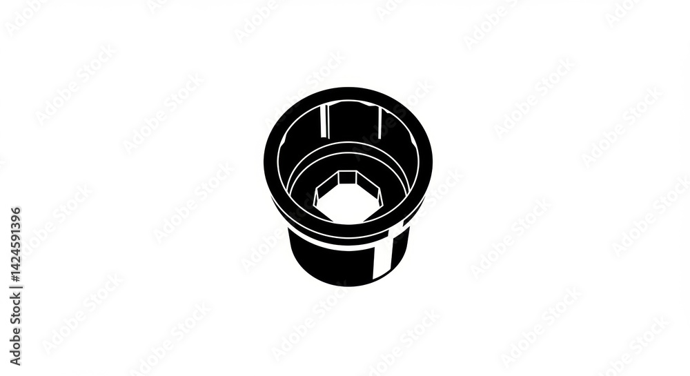 Monochrome socket wrench insert, angled perspective, geometric shapes, tool component. Monochrome socket wrench insert, angled perspective, geometric shapes, tool component.