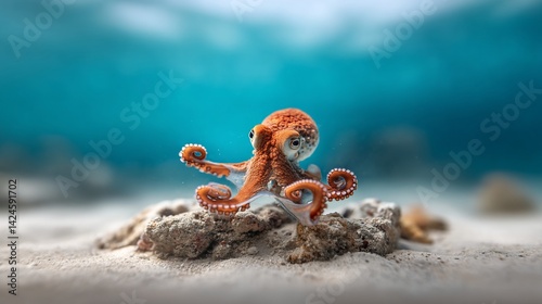Vibrant orange octopus rests on coral in clear blue ocean. Tentacles curled, posing beautifully. Sandy bottom