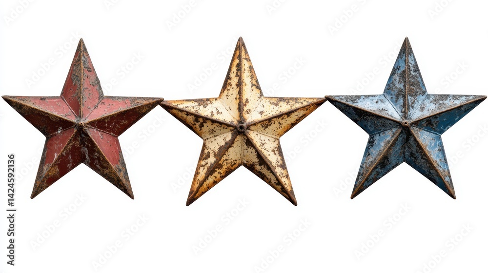 Obraz premium Rustic metal stars on white background: red, yellow, blue decor