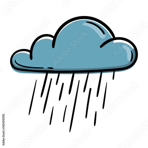 Precipitation, downpour, cloud. Weather forecast icon. Vector illustration for print, sticker, app. Hand drawn sign, symbol isolated on white background
