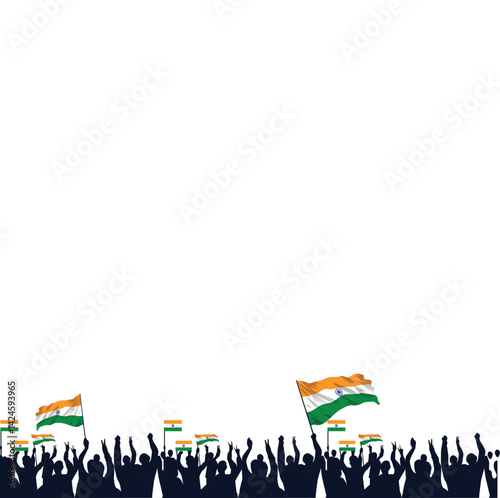 Crowd Gathered with Waving Indian Flags in Silhouette Look