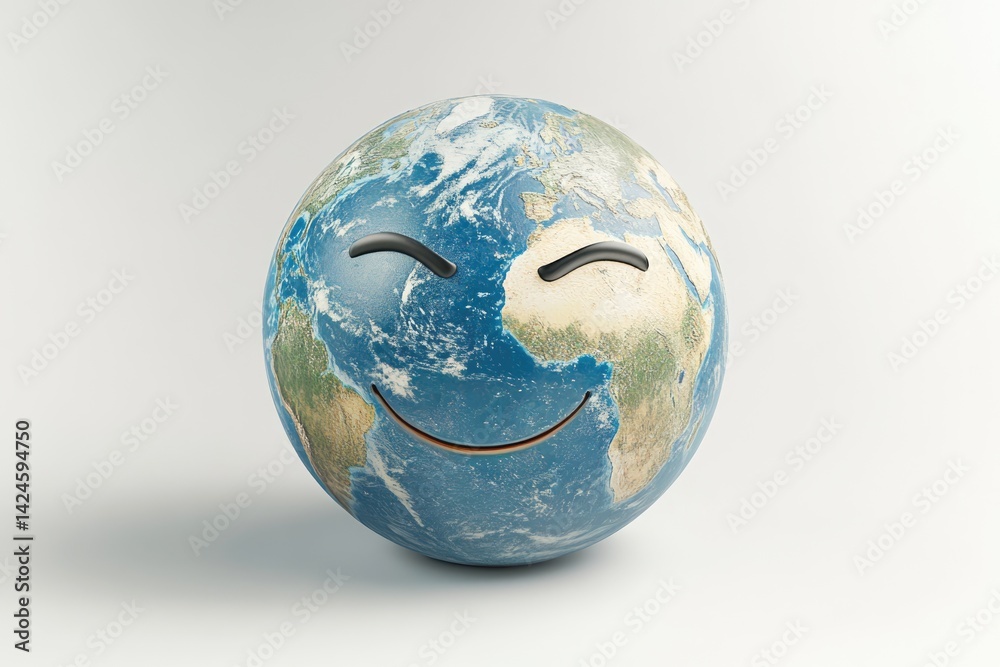 Fototapeta premium A happy Earth globe emoticon, symbolizing environmental care and global unity.